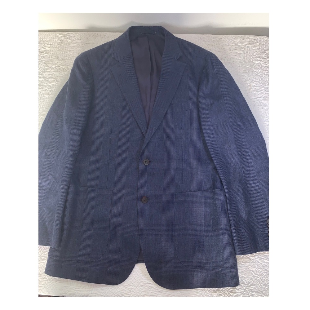 Suitsupply Baird McNutt Linen Blazer Blue Glen Plaid Sport Coat Mens 44R 44‎ L